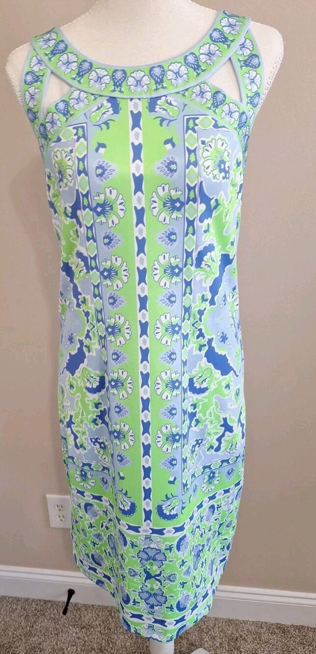 Gretchen Scott Green Blue Floral Isosceles Sleevelss Sheath Dress Size SZ SMALL